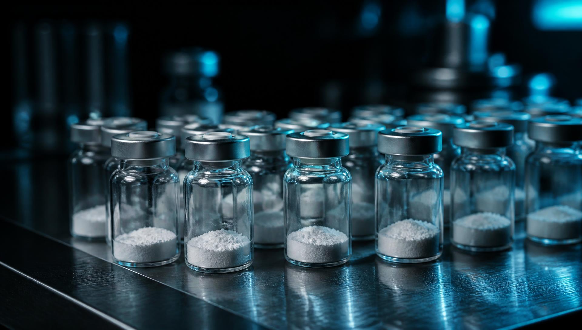 Rows of sealed glass vials containing lyophilised research peptide powder